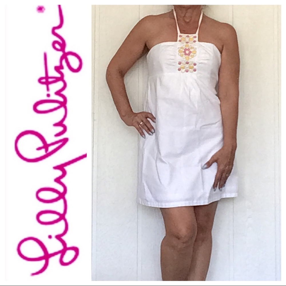 LILLY PULITZER WHITE COTTON EMBELLISHED HALTER DRESS SIZE 8 - Picture 4 of 16